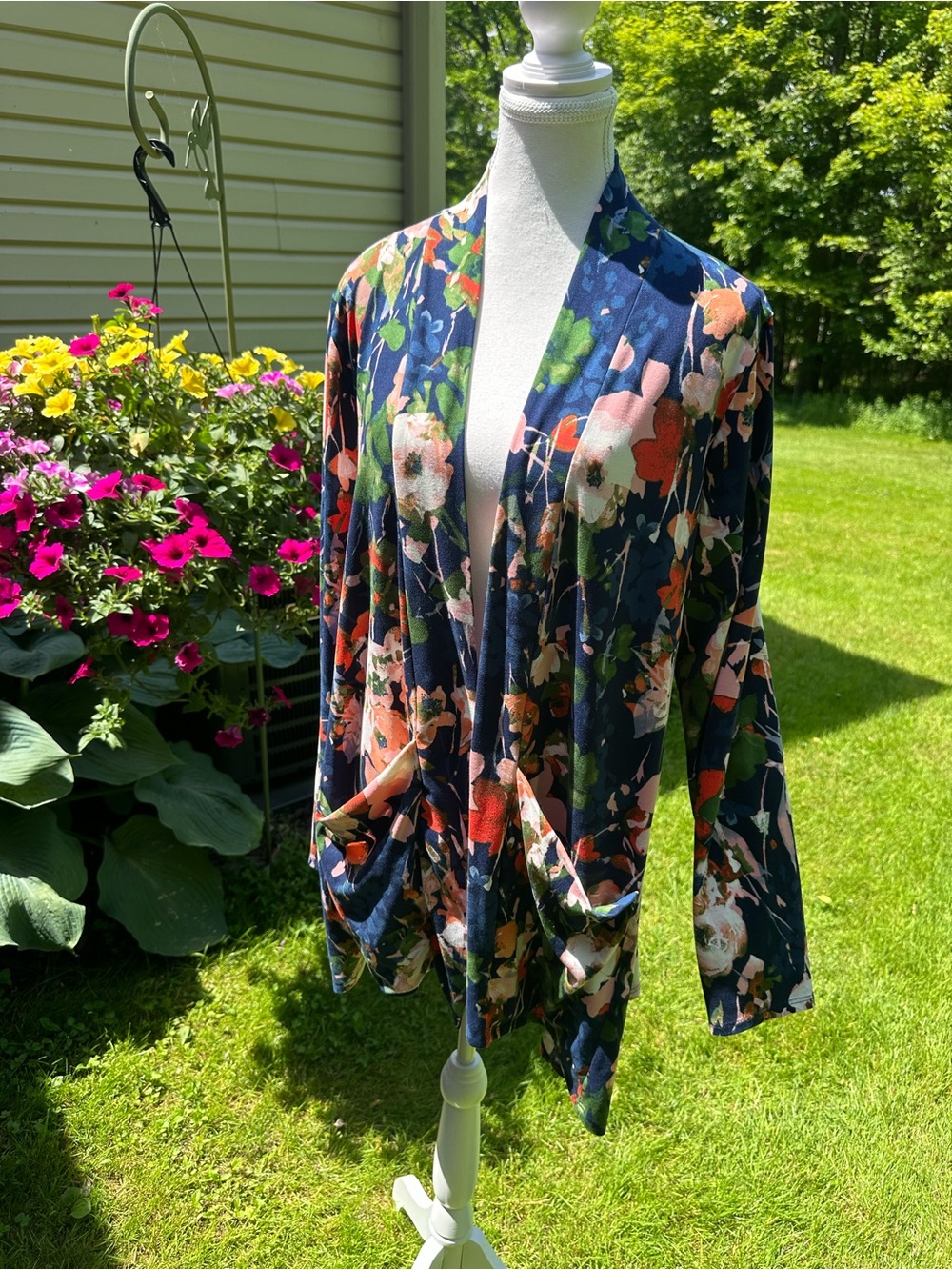 Navy Floral Open-Front Lightweight Cardigan EUC